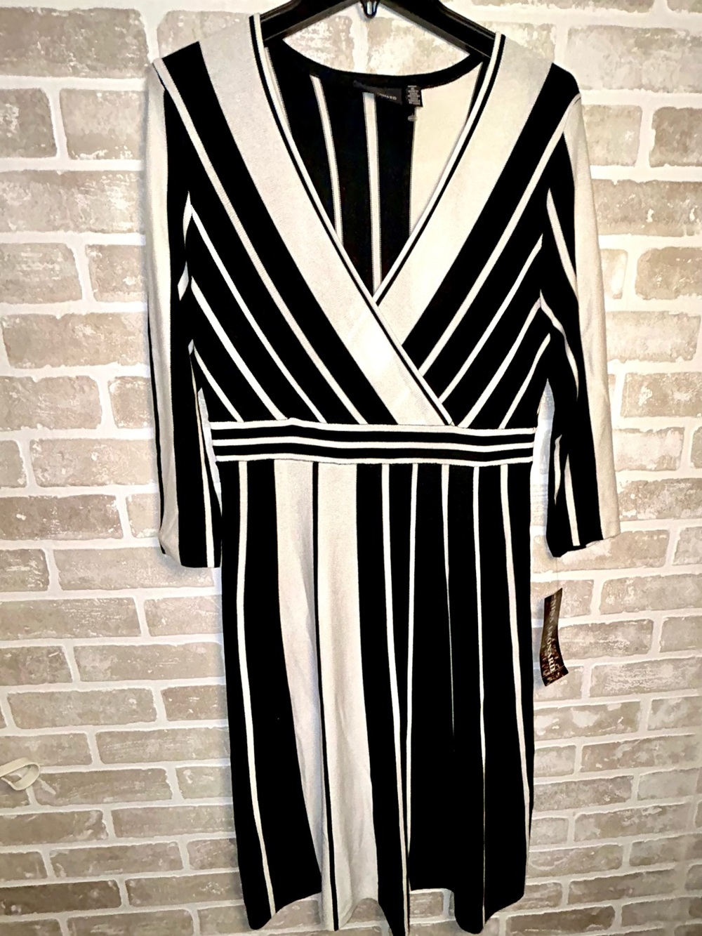 Nina Leonard Black and White Striped V-Neck Wrap Dress